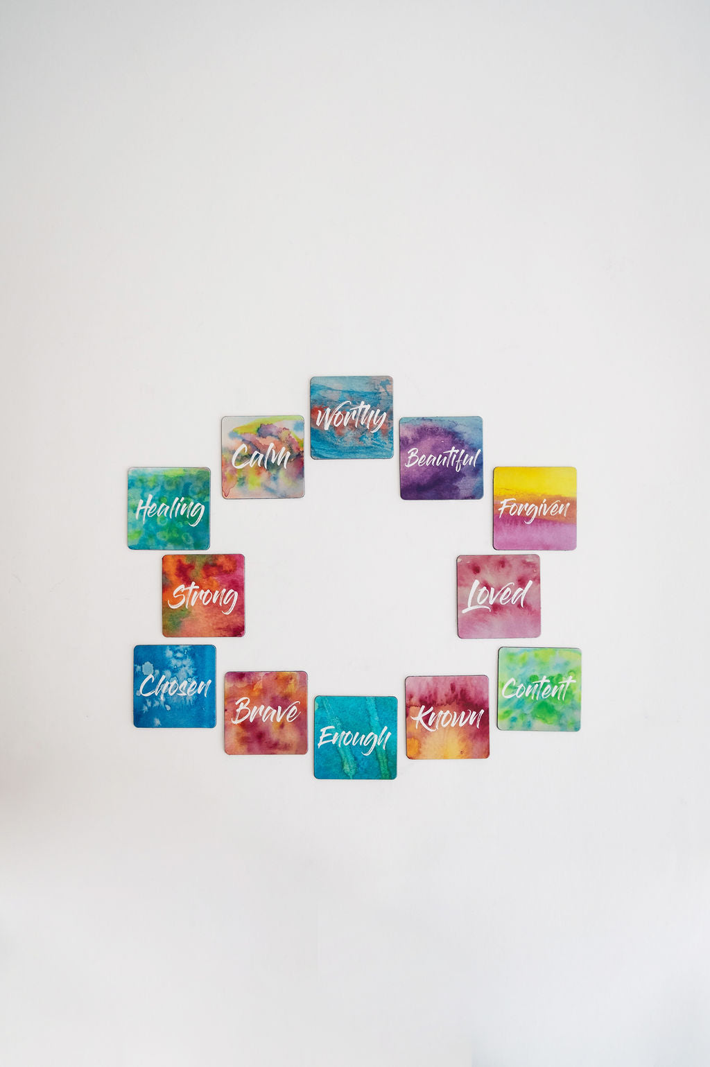12 Mini affirmation Magnets arranged in a geometric shap