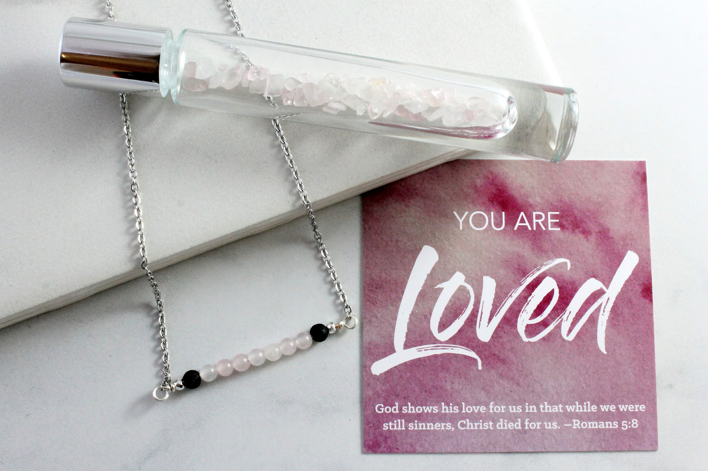 You are Loved - Rose Quartz Crystal Roller bottle & Necklace set