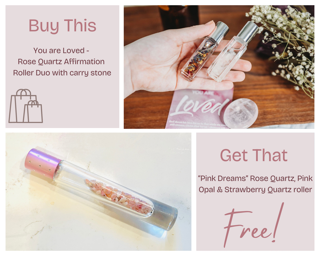 Pink Friday Special #5, Rose Quartz Affirmation Roller Duo with FREE Pink Dreams crystal roller bottle